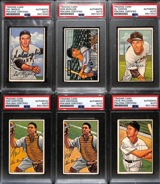 (6) 1951 & 1952 Bowman Signed New York Giants Signed Cards w. Sal Maglie, Don Mueller, Al Corwin, (2) Wes Westrum, and Dave Williams. (PSA/DNA Certified) 