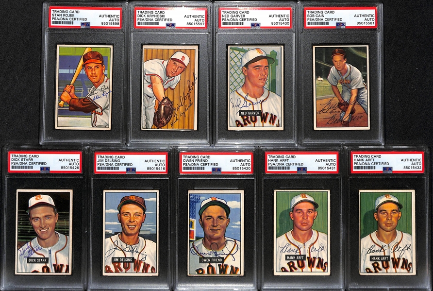 (9) 1951 & 1952 Bowman Signed St. Louis Browns Cards w. Stan Rojek, Dick Kryhoski, Ned Garver, Bob Cain, Dick Starr, Jim Delsing, Owen Friend, and (2) Hank Arft. (PSA/DNA Certified)