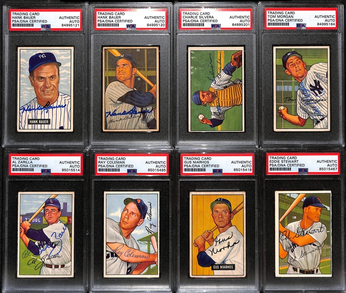 (8) 1951 & 1952 Bowman Signed Yankees + White Sox Cards w. (2) Hank Bauer, Charlie Silvera, Tom Morgan, Al Zarilla, Ray Coleman, Gus Niarhos, and Eddie Stewart. (PSA/DNA Certified) 