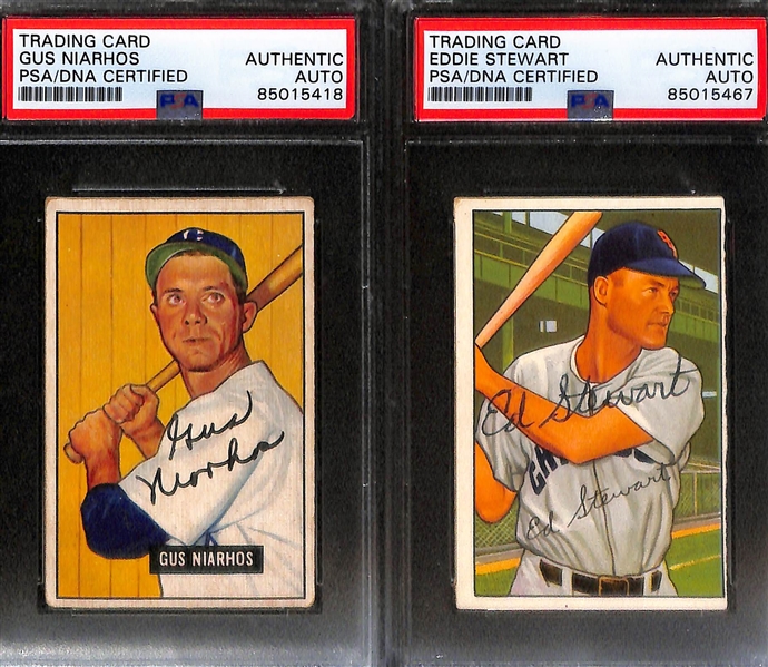 (8) 1951 & 1952 Bowman Signed Yankees + White Sox Cards w. (2) Hank Bauer, Charlie Silvera, Tom Morgan, Al Zarilla, Ray Coleman, Gus Niarhos, and Eddie Stewart. (PSA/DNA Certified) 