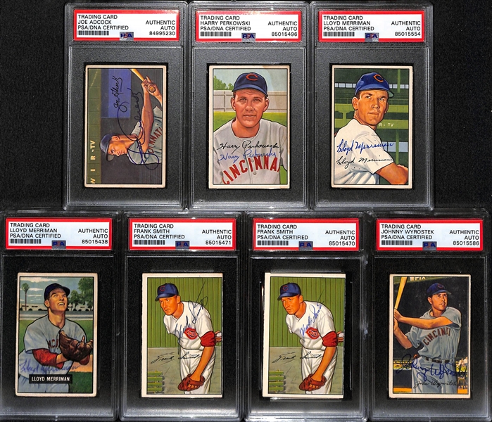 (7) 1951 & 1952 Bowman Signed Reds Cards w. Joe Adcock, Harry Perkowski, (2) Lloyd Merriman, (2) Frank Smith, Johnny Wyrostek. (PSA/DNA Certified)