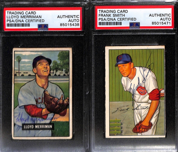 (7) 1951 & 1952 Bowman Signed Reds Cards w. Joe Adcock, Harry Perkowski, (2) Lloyd Merriman, (2) Frank Smith, Johnny Wyrostek. (PSA/DNA Certified)