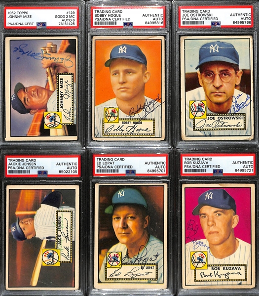 (6) Signed 1952 Topps New York Yankees Cards (PSA/DNA Slabbed) - Johnny Mize, Bobby Hogue, Joe Ostrowski, Jackie Jensen, Ed Lopat, Bob Kuzava