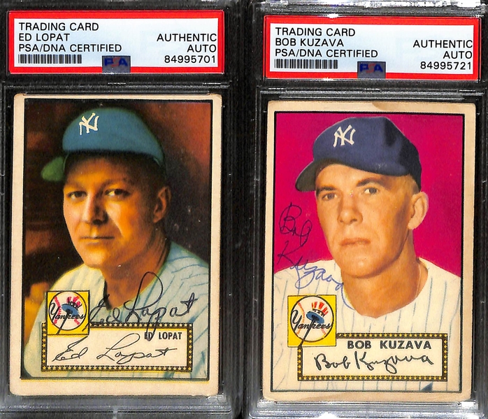 (6) Signed 1952 Topps New York Yankees Cards (PSA/DNA Slabbed) - Johnny Mize, Bobby Hogue, Joe Ostrowski, Jackie Jensen, Ed Lopat, Bob Kuzava