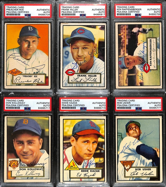 (6) Signed 1952 Topps Cards (PSA/DNA Slabbed) - Preacher Roe, Frank Hiller, Ken Raffensberger, Don Kolloway, Eddie Kazak, Bobby Usher