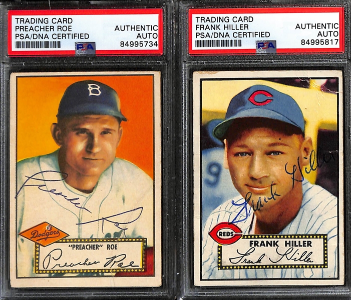 (6) Signed 1952 Topps Cards (PSA/DNA Slabbed) - Preacher Roe, Frank Hiller, Ken Raffensberger, Don Kolloway, Eddie Kazak, Bobby Usher