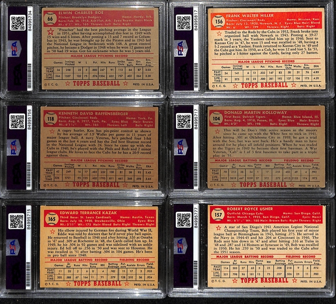 (6) Signed 1952 Topps Cards (PSA/DNA Slabbed) - Preacher Roe, Frank Hiller, Ken Raffensberger, Don Kolloway, Eddie Kazak, Bobby Usher