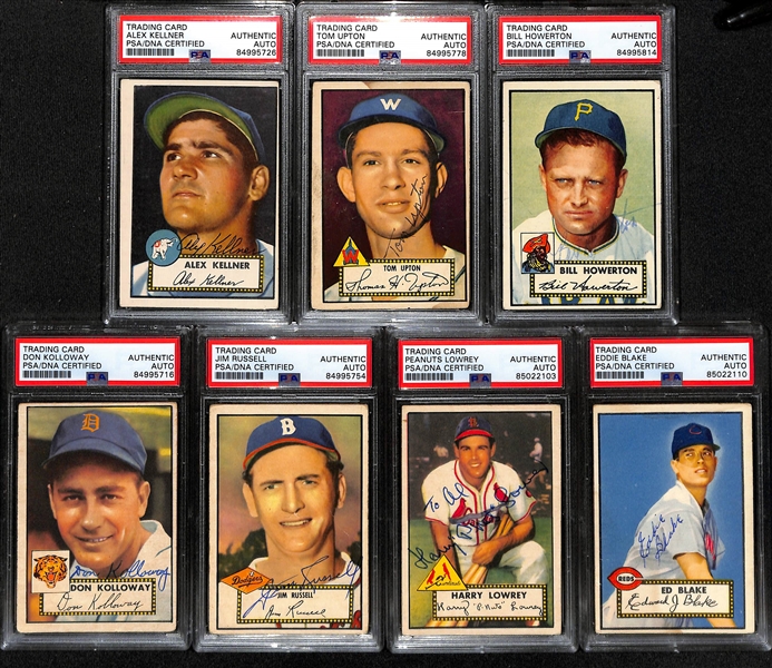 (7) Signed 1952 Topps Cards (PSA/DNA Slabbed) - Alex Kellner, Tom Upton, Bill Howerton, Don Kolloway, Jim Russell, Peanuts Lowrey, Eddie Blake