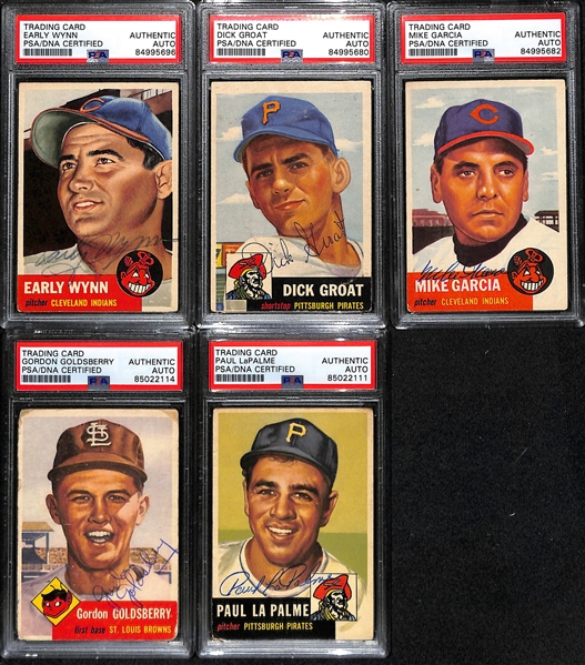 (5) Signed 1953 Topps Cards (PSA/DNA Slabbed) - Early Wynn, Dick Groat, Mike Garcia, Gordon Goldsberry, Paul LaPalme