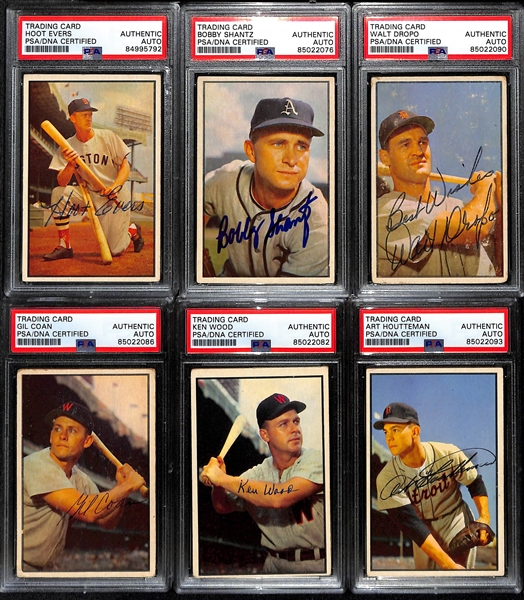 (6) Signed 1953 Bowman Color Cards (PSA/DNA Slabbed) - Hoot Evers, Bobby Shantz, Walt Dropo, Gil Coan, Ken Wood, Art Houtteman