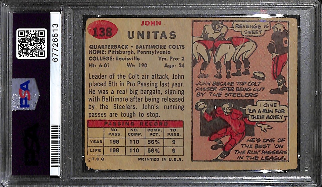 1957 Topps Johnny Unitas Rookie Card #138 Graded PSA 1