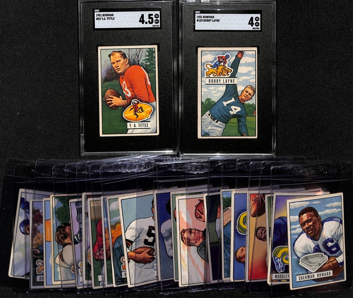 Lot of (23) 1951 Bowman Football Cards w. Y.A. Tittle SGC 4.5 and Bobby Layne SGC 4