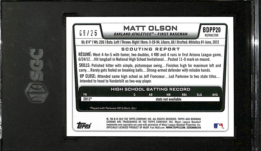 2012 Bowman Chrome Draft Picks Prospects Matt Olson Orange Refractor Rookie Card Graded SGC 8 (#/25)