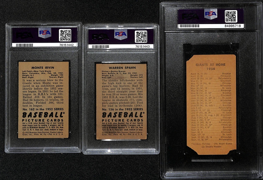 (3) PSA Graded Signed Cards - 1952 Bowman Monte Irvin (Card Grade 3.5, Auto Grade 10), 1952 Bowman Warren Spahn (Card Graded 3, Auto Grade 10), 1954 NY Journal-American Ray Katt