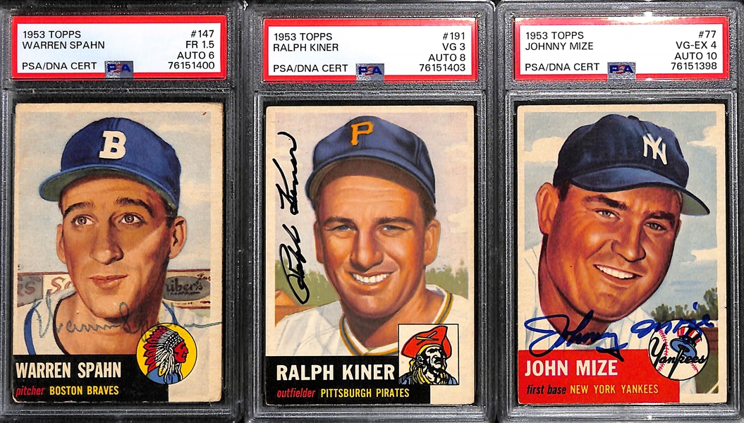 (3) PSA/DNA Graded Signed 1953 Topps Cards - Warren Spahn (Card Grade 1.5, Auto Grade 6), Ralph Kiner (Card Grade 3, Auto Grade 8),  Johnny Mize (Card Grade 4, Auto Grade 10)