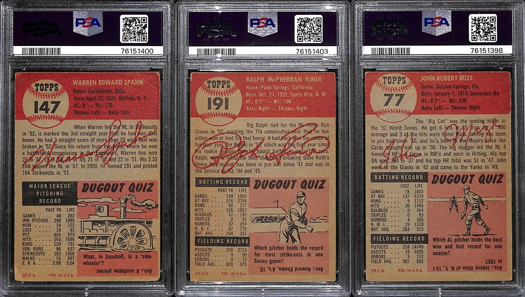 (3) PSA/DNA Graded Signed 1953 Topps Cards - Warren Spahn (Card Grade 1.5, Auto Grade 6), Ralph Kiner (Card Grade 3, Auto Grade 8),  Johnny Mize (Card Grade 4, Auto Grade 10)