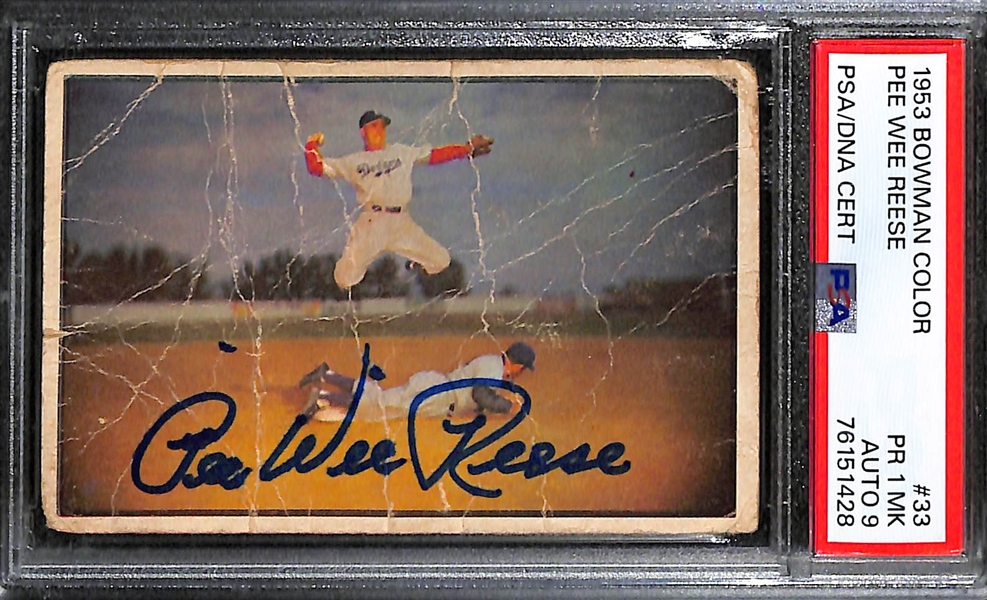 Signed 1953 Bowman Color Pee Wee Reese #33 (Iconic In-Action Image)  - PSA/DNA Card Grade 1MK, Auto Grade 9)