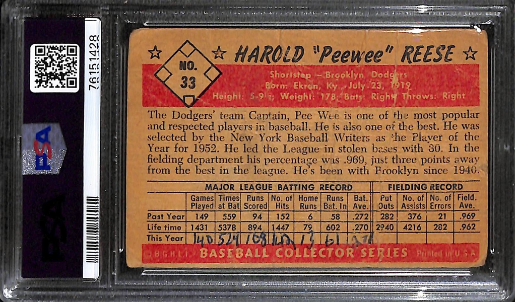 Signed 1953 Bowman Color Pee Wee Reese #33 (Iconic In-Action Image)  - PSA/DNA Card Grade 1MK, Auto Grade 9)