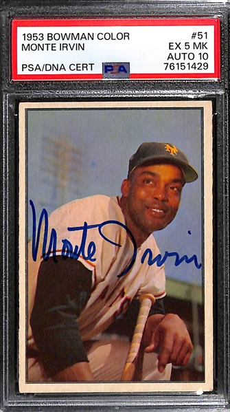 Signed 1953 Bowman Color Monte Irvin #51 - PSA/DNA Card Grade 5(MK), Auto Grade 10)