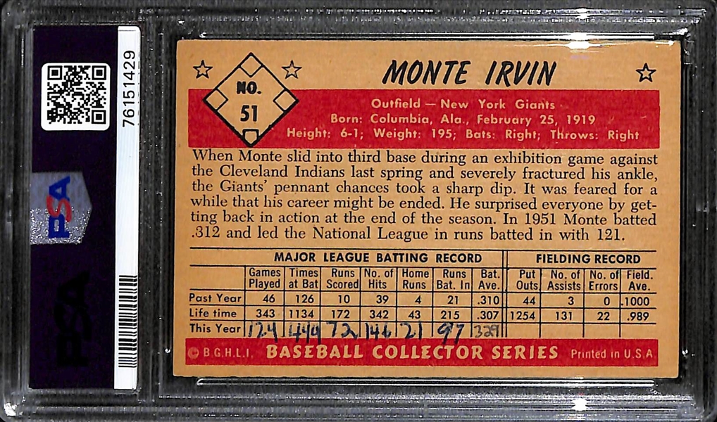 Signed 1953 Bowman Color Monte Irvin #51 - PSA/DNA Card Grade 5(MK), Auto Grade 10)