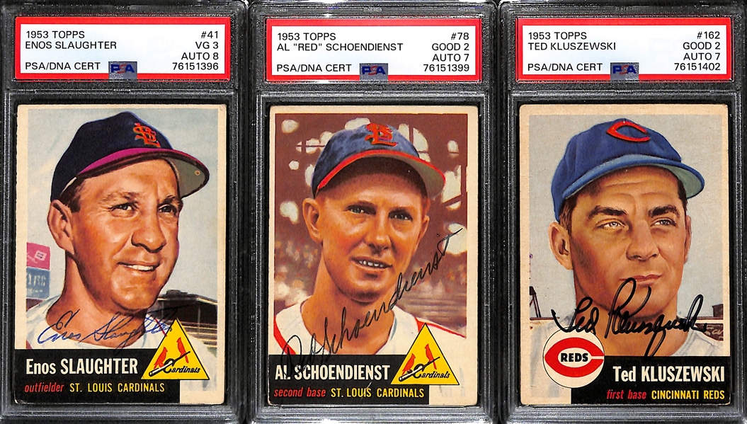 (3) PSA/DNA Signed/Graded 1953 Topps Cards - Enos Slaughter (Card Grade 3, Auto Grade 8), Red Schoendienst (Card Grade 2, Auto Grade 7),  Ted Kluszewski (Card Grade 2, Auto Grade 7)