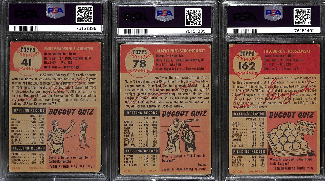 (3) PSA/DNA Signed/Graded 1953 Topps Cards - Enos Slaughter (Card Grade 3, Auto Grade 8), Red Schoendienst (Card Grade 2, Auto Grade 7),  Ted Kluszewski (Card Grade 2, Auto Grade 7)