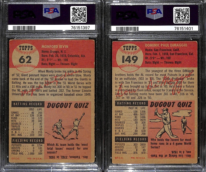 (2) PSA/DNA Signed/Graded 1953 Topps Cards - Monte Irvin (Card Grade 2, Auto Grade 9), Dom DiMaggio(Card Grade 2.5, Auto Grade 9)