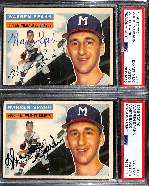 (2) PSA/DNA Signed/Graded 1956 Warren Spahn Cards - One Graded 6 (Auto Grade 8), One Graded 3 (Auto Grade 8)