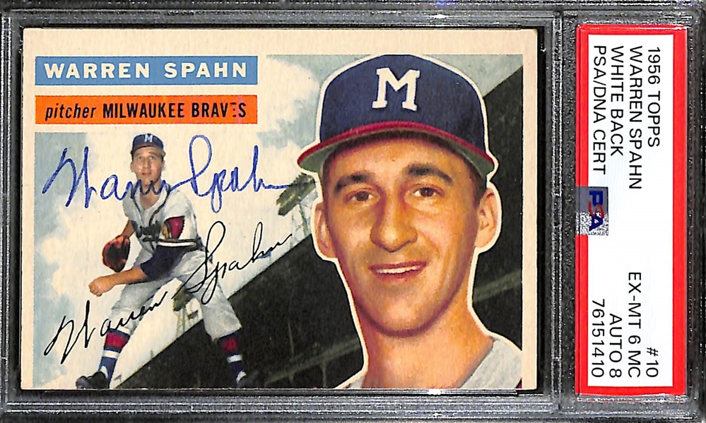 (2) PSA/DNA Signed/Graded 1956 Warren Spahn Cards - One Graded 6 (Auto Grade 8), One Graded 3 (Auto Grade 8)