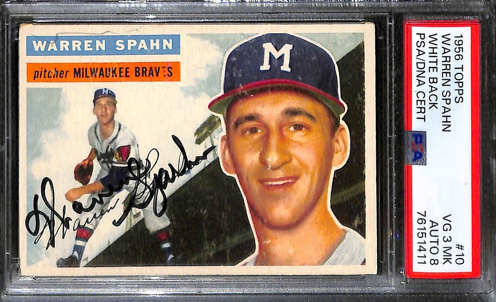 (2) PSA/DNA Signed/Graded 1956 Warren Spahn Cards - One Graded 6 (Auto Grade 8), One Graded 3 (Auto Grade 8)