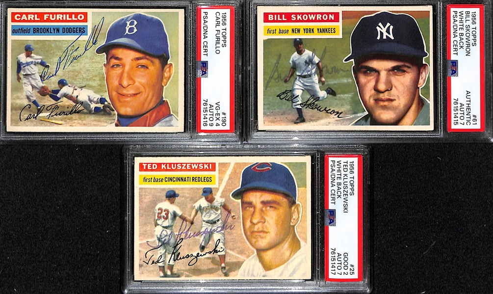 (3) PSA/DNA Signed/Graded 1956 Topps Cards - Carl Furillo (Card Grade 4, Auto Grade 9), Bill Moose Skowron (Card Grade Authentic, Auto Grade 7), Ted Kluszewski (Card Grade 2, Auto Grade 7)