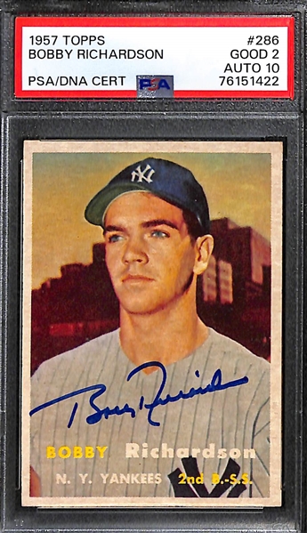 Signed Card Lot - 1957 Bobby Richardson Rookie (PSA/DNA 2 w. 10 Auto Grade) & 1959 Topps Run Preventers Signed by McDougald, Turley, Richardson (PSA/DNA 3 w. Auto Grade 9)