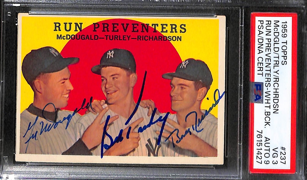 Signed Card Lot - 1957 Bobby Richardson Rookie (PSA/DNA 2 w. 10 Auto Grade) & 1959 Topps Run Preventers Signed by McDougald, Turley, Richardson (PSA/DNA 3 w. Auto Grade 9)