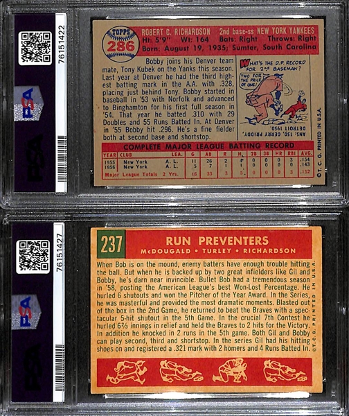 Signed Card Lot - 1957 Bobby Richardson Rookie (PSA/DNA 2 w. 10 Auto Grade) & 1959 Topps Run Preventers Signed by McDougald, Turley, Richardson (PSA/DNA 3 w. Auto Grade 9)