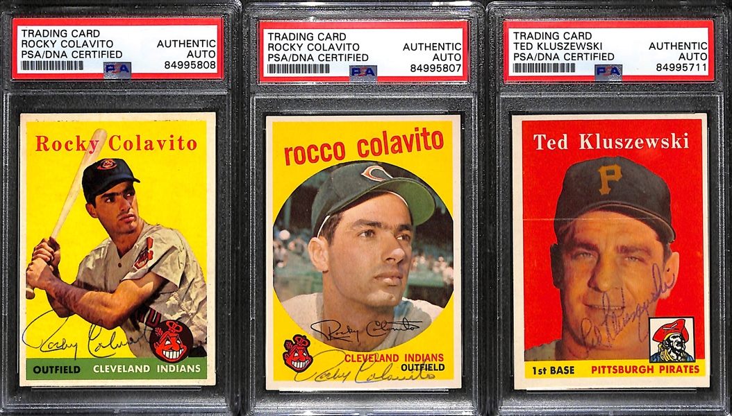 (3) PSA/DNA Signed/Slabbed Cards - 1958 Topps Rocky Colavito #368, 1959 Topps Rocky Colavito #420, 1958 Topps Ted Kluszewski  #178