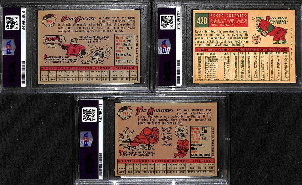 (3) PSA/DNA Signed/Slabbed Cards - 1958 Topps Rocky Colavito #368, 1959 Topps Rocky Colavito #420, 1958 Topps Ted Kluszewski  #178