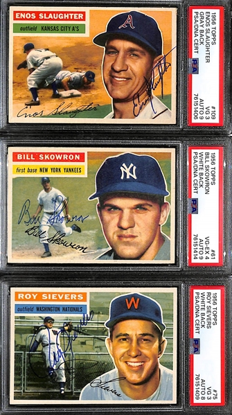 (3) PSA/DNA Signed/Graded 1956 Topps Cards - Enos Slaughter (Card Grade 3, Auto Grade 9), Bill Moose Skowron (Card Grade 4, Auto Grade 9), Roy Sievers (Card Grade 3, Auto Grade 8)