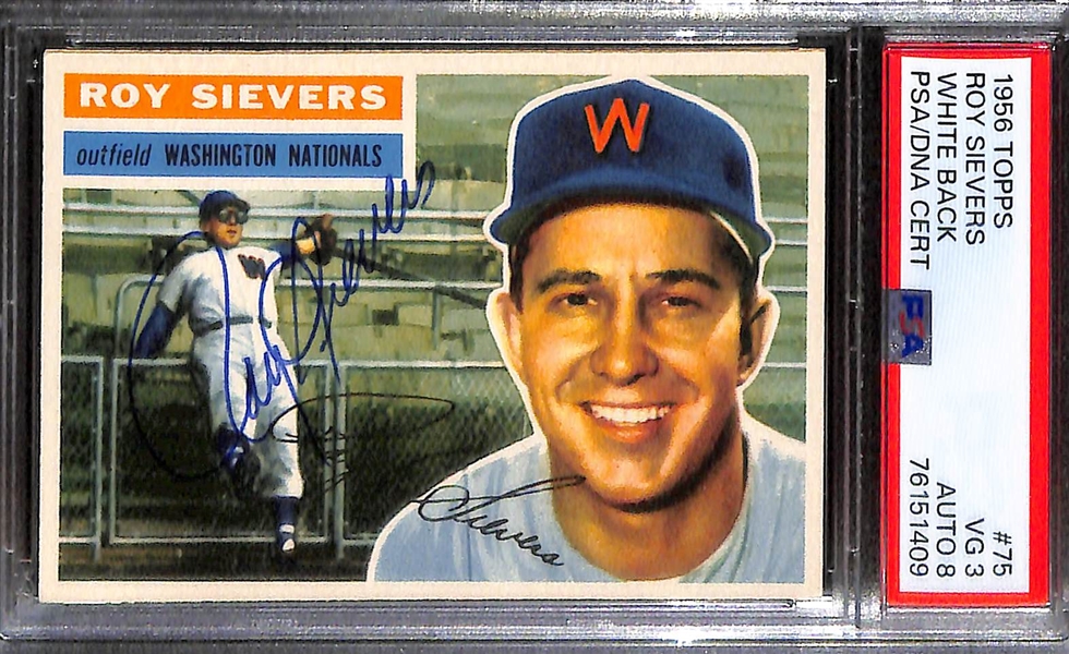 (3) PSA/DNA Signed/Graded 1956 Topps Cards - Enos Slaughter (Card Grade 3, Auto Grade 9), Bill Moose Skowron (Card Grade 4, Auto Grade 9), Roy Sievers (Card Grade 3, Auto Grade 8)