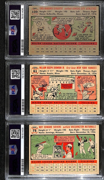 (3) PSA/DNA Signed/Graded 1956 Topps Cards - Enos Slaughter (Card Grade 3, Auto Grade 9), Bill Moose Skowron (Card Grade 4, Auto Grade 9), Roy Sievers (Card Grade 3, Auto Grade 8)