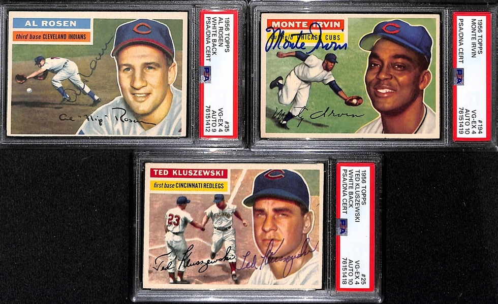 (3) PSA/DNA Signed/Graded 1956 Topps Cards - Al Rosen (Card Grade 4, Auto Grade 9), Monte Irvin (Card Grade 4, Auto Grade 10), Ted Kluszewski (Card Grade 4, Auto Grade 10)