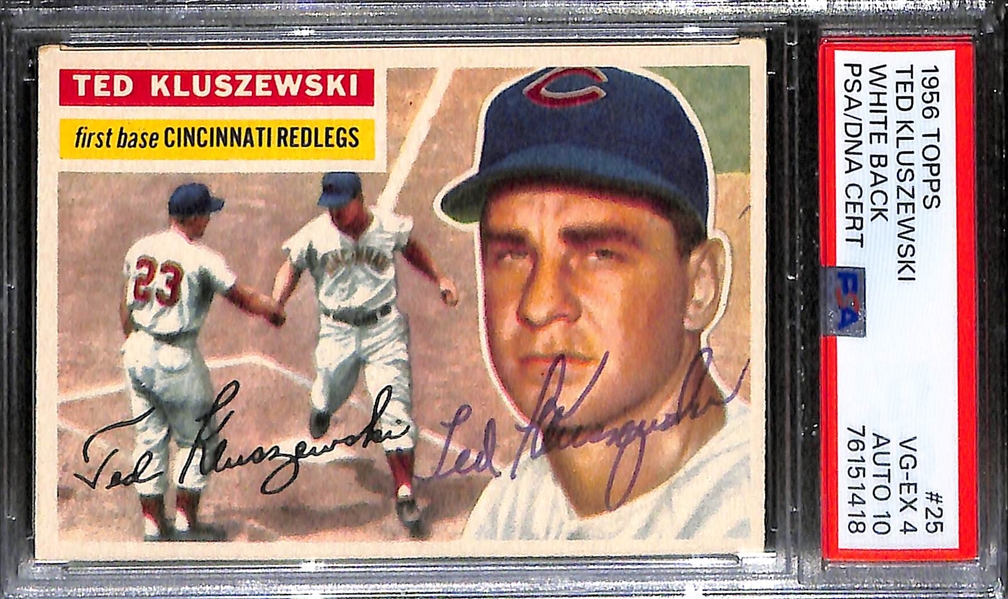 (3) PSA/DNA Signed/Graded 1956 Topps Cards - Al Rosen (Card Grade 4, Auto Grade 9), Monte Irvin (Card Grade 4, Auto Grade 10), Ted Kluszewski (Card Grade 4, Auto Grade 10)