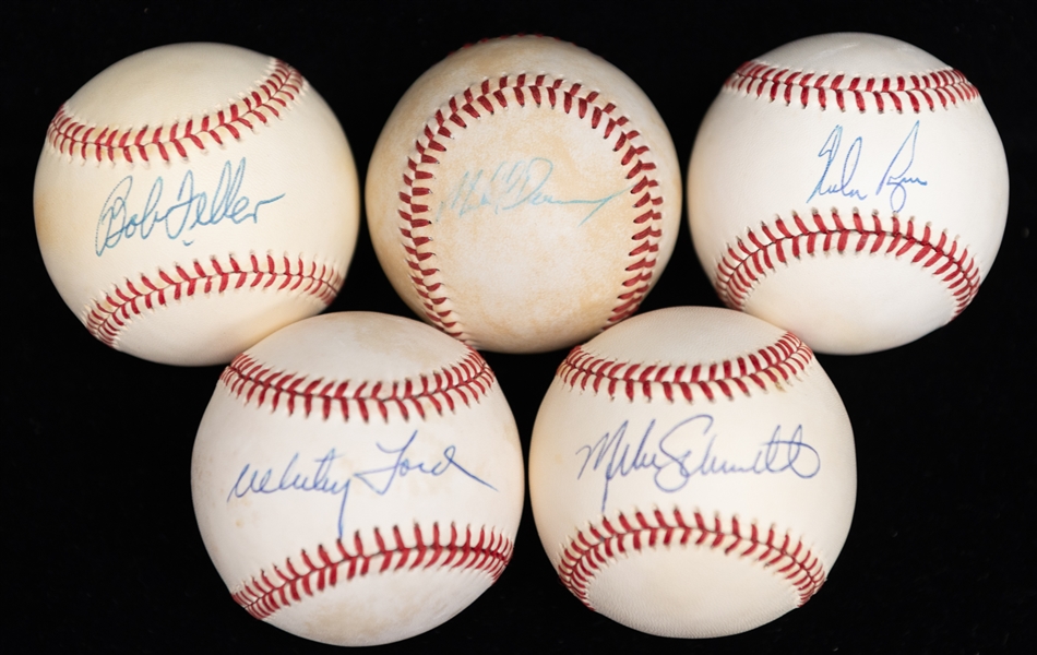 Lot of (5) Autographed Baseballs w. Nolan Ryan, Mike Schmidt, Whitey Ford, Bob Feller, More (JSA Auction Letter)