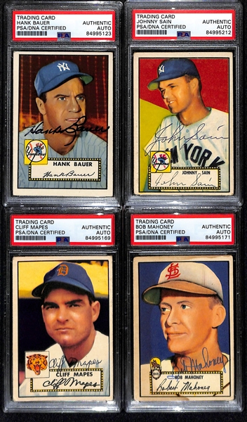 (4) 1952 Topps Signed Cards w. Hank Bauer, Johnny Sain, Cliff Mapes, and Bob Mahoney. (PSA/DNA Certified)