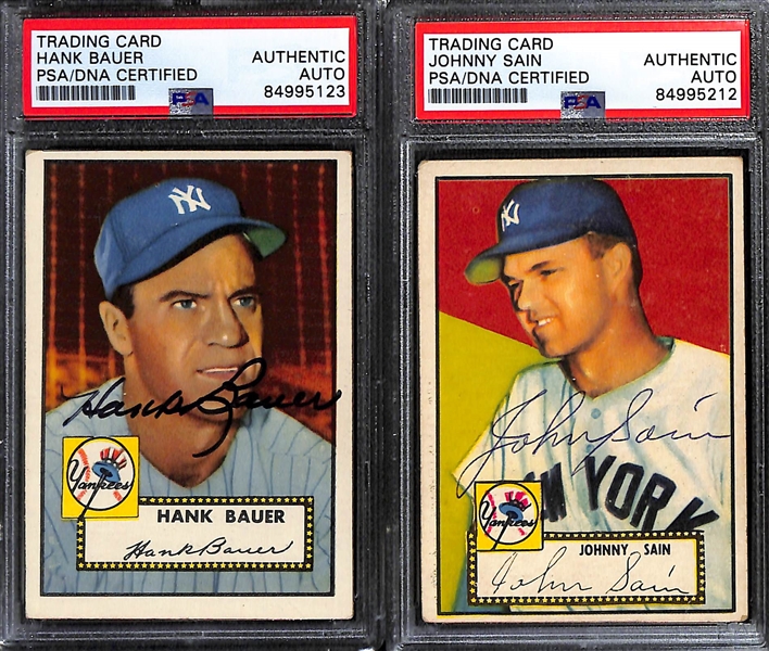 (4) 1952 Topps Signed Cards w. Hank Bauer, Johnny Sain, Cliff Mapes, and Bob Mahoney. (PSA/DNA Certified)