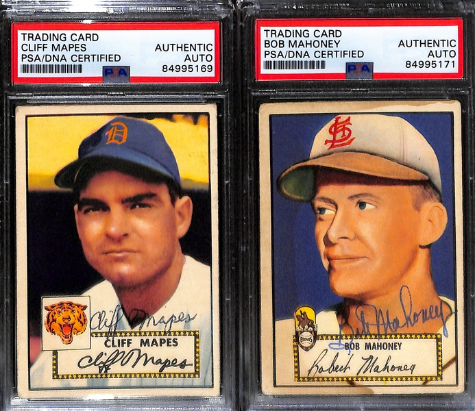 (4) 1952 Topps Signed Cards w. Hank Bauer, Johnny Sain, Cliff Mapes, and Bob Mahoney. (PSA/DNA Certified)