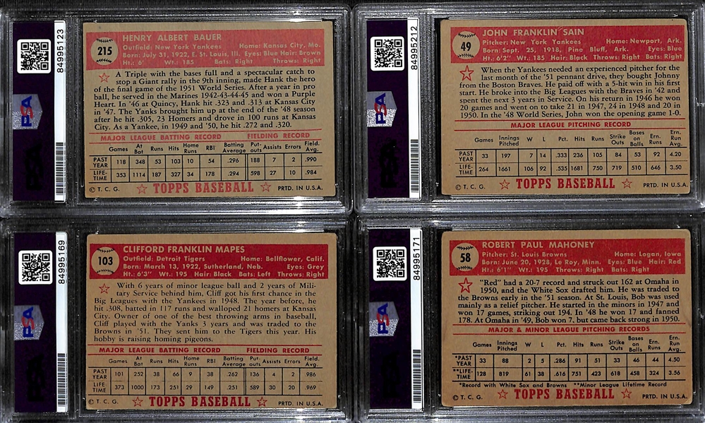 (4) 1952 Topps Signed Cards w. Hank Bauer, Johnny Sain, Cliff Mapes, and Bob Mahoney. (PSA/DNA Certified)