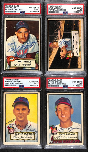 (4) 1952 Topps Signed Cards w. Bud Byerly, Dale Mitchell, Berney McCosky, and Steve Gromek. (PSA/DNA Certified)