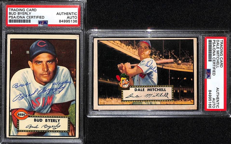 (4) 1952 Topps Signed Cards w. Bud Byerly, Dale Mitchell, Berney McCosky, and Steve Gromek. (PSA/DNA Certified)