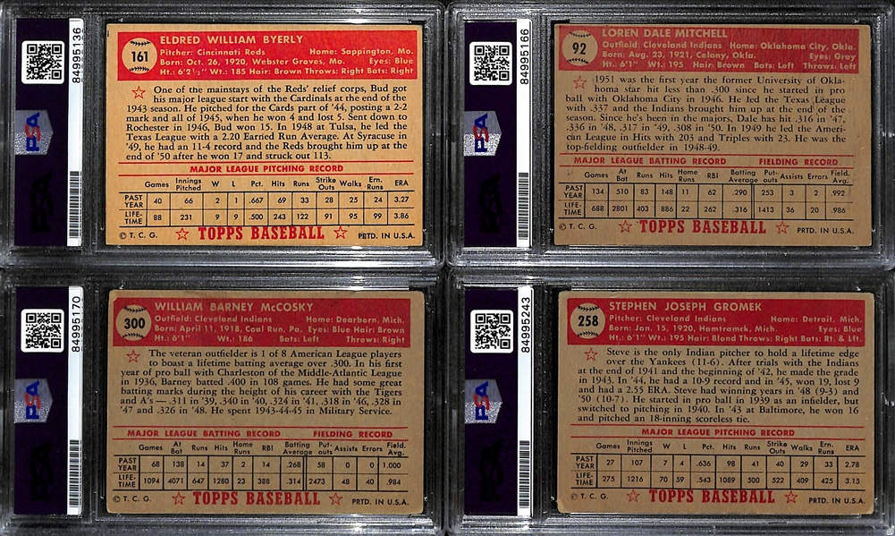 (4) 1952 Topps Signed Cards w. Bud Byerly, Dale Mitchell, Berney McCosky, and Steve Gromek. (PSA/DNA Certified)