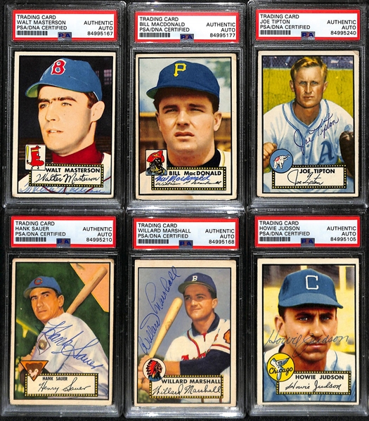 (6) 1952 Topps Signed Cards w. Walt Masterson, Bill MacDonald, Joe Tipton, Hank Sauer, Willard Marshall, and Howie Judson. (PSA/DNA Certified)